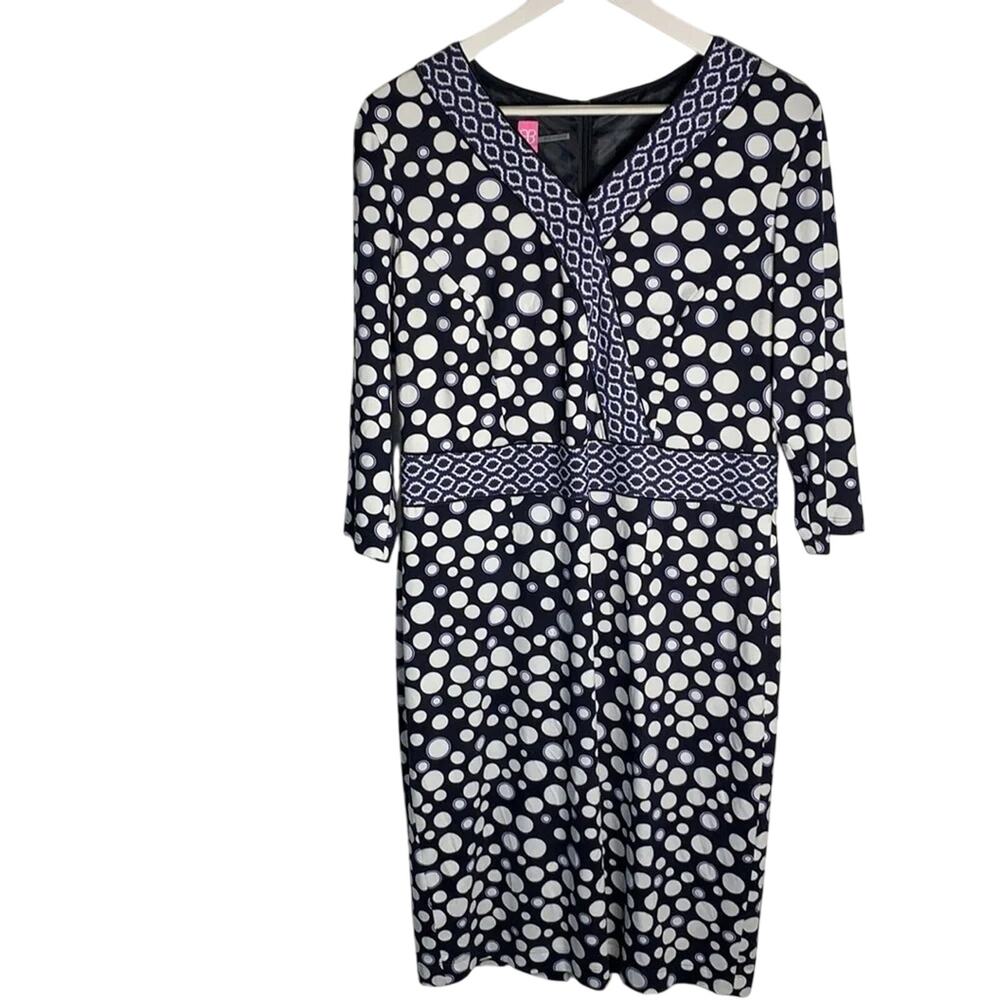 Basler Navy White Print V-neck Mid Length Flattering Luxury Dress W-612 Size 12